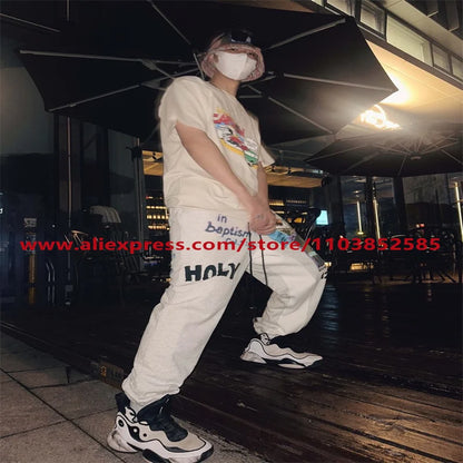 2024 autumn winter vintage casual sports pants mens letter illustration printed loose drawstring leg strap high street hip hop clean everyday pants