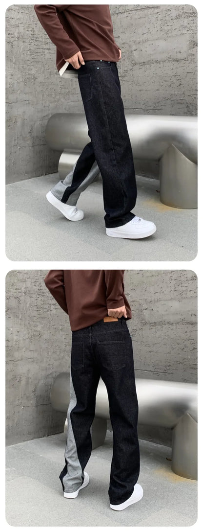 men streetwear splice denim fashion brand hip hop loose casual straight jeans pant cityboy deep blue y2k jeans trousers for men unique jeans style 1773
