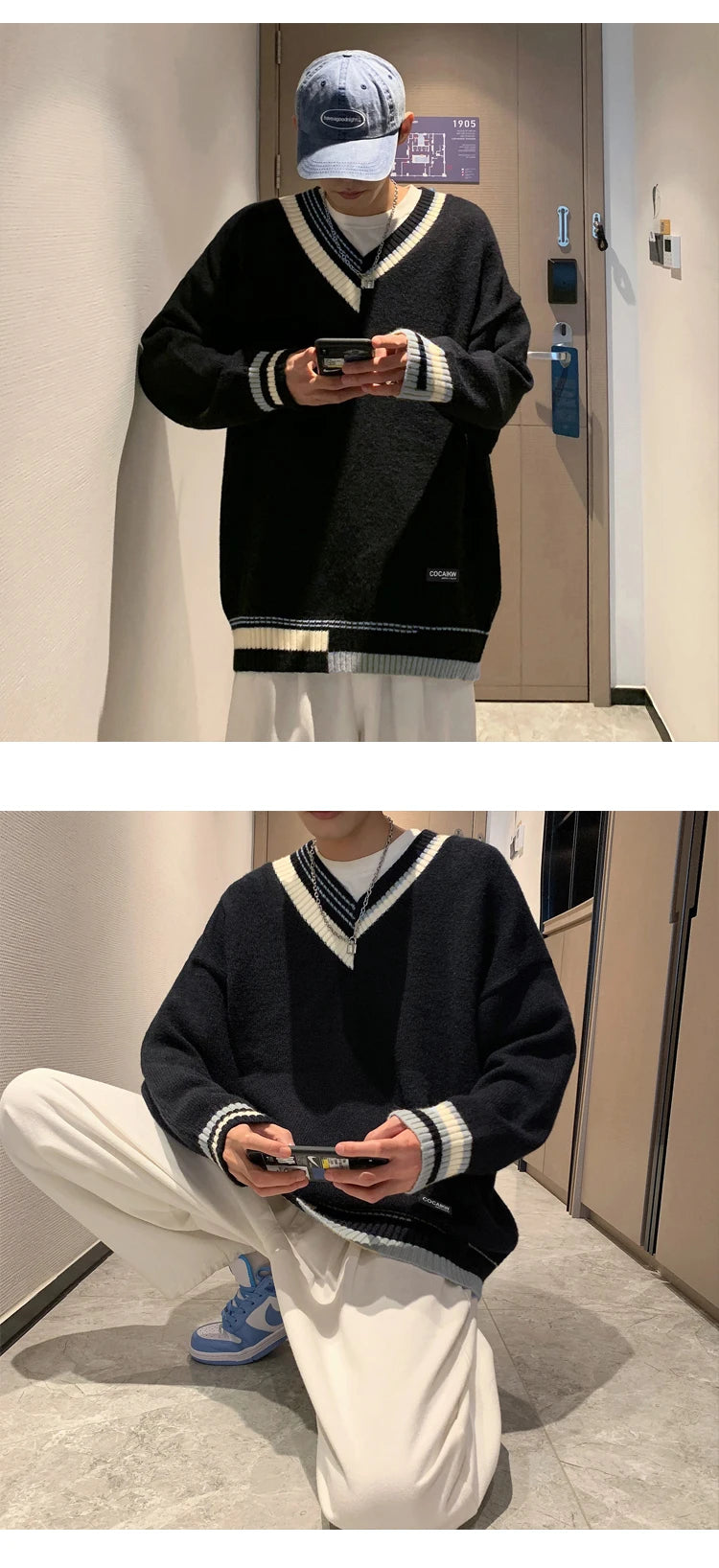 Pullovers Men Sweater Patchwork Ins Fashion Winter Design Couple V-neck Harajuku Knitwear Loose Students Simple Ropa Para Hombre Street King Limited