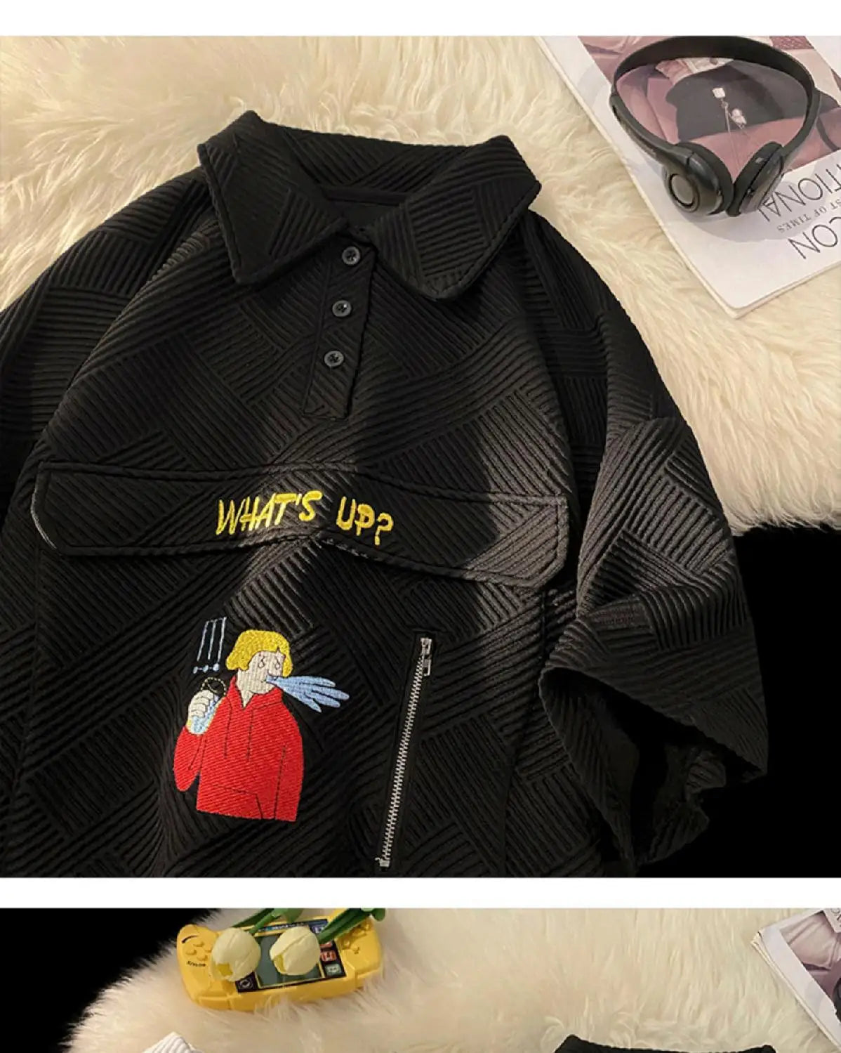 Korean waffle short-sleeved polo shirt with cartoon pattern summer jacquard collar t-shirt for men ins Hong Kong style loose top Street King Limited