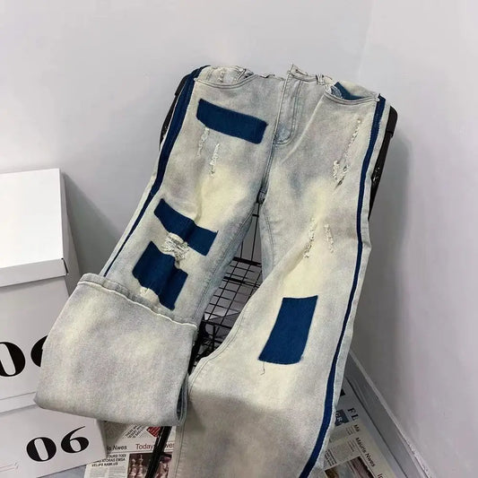 men and women trendy high street retro washed ripped color blocked jeans summer hip hop loose straight leg casual pants y2k stacked flare jeans