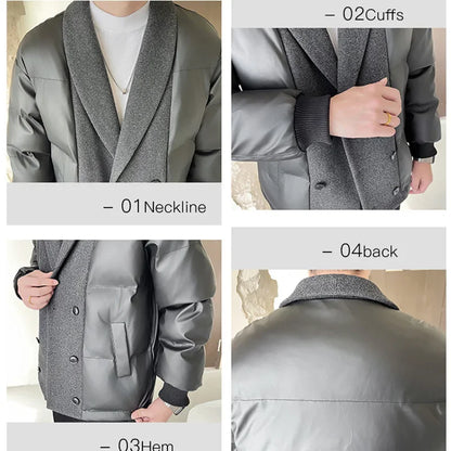 men winter woolen splice cotton padded business casual thicken warm jacket korean streetwear fashion parkas coat outerwear menswear bottoms