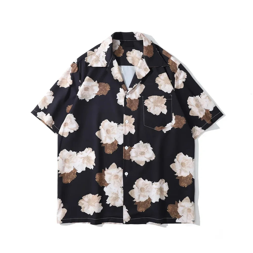 Dark Icon Floral Hawaiian Shirt Men Tur-down Collar Men's Polo Shirt Black White Street King Limited