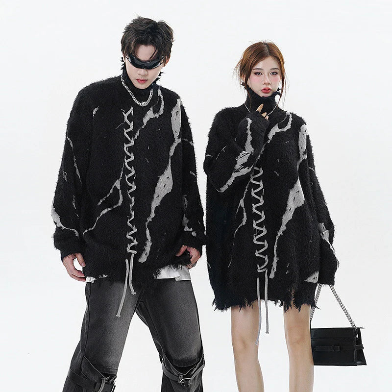 Distressed Splicing Turtleneck Sweaters Men Women Pullover Knit Sweater Jumper Fall Winter Hip Hop Streetwear Black Sweater Y2K Street King Limited