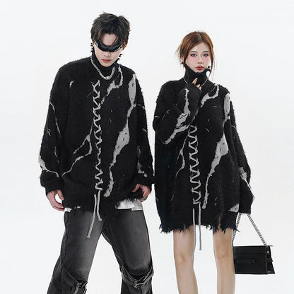 Distressed Splicing Turtleneck Sweaters Men Women Pullover Knit Sweater Jumper Fall Winter Hip Hop Streetwear Black Sweater Y2K Street King Limited