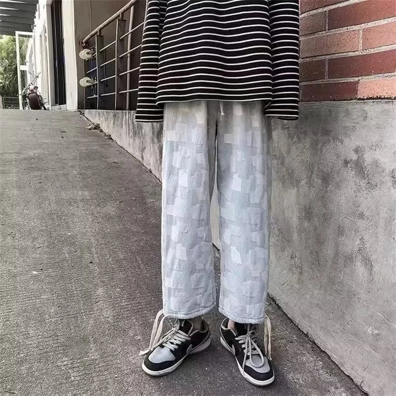 american plaid straight jeans mens casual streetwear printed denim pants autumn baggy classic wide leg retro y2k jean trousers ripped baggy denim