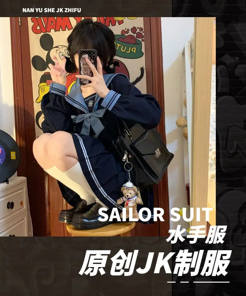 Student Union JK Uniform Sailor Suit Blue Skirt Long Sleeve Navy Collar Bow Tie Two Colors Two-piece Set Vitality Kawaii Street King Limited