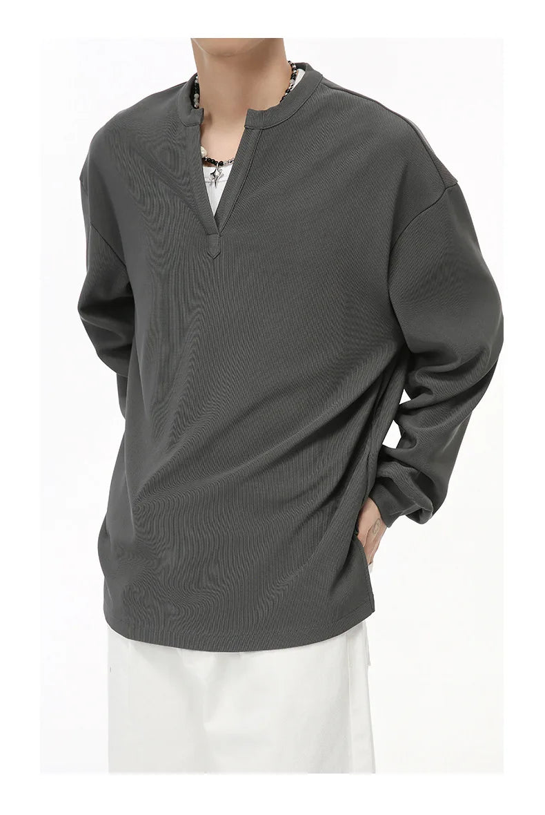 Men's  V-neck Long Sleeve T-Shirt Tops Clothing Autumn Korean Style Lazy Simple Solid Color Casual Pullover Bottoming Shirt Street King Limited