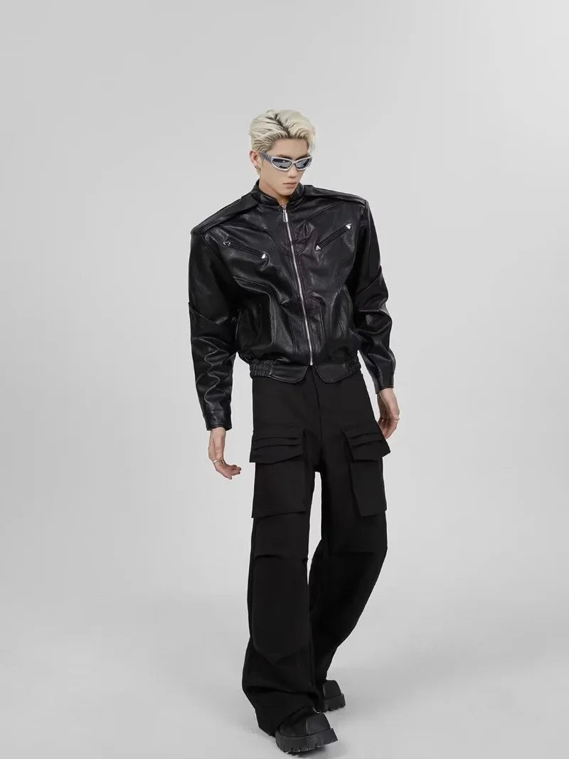 short pu leather jacket men shoulder pad stand collar trend bomber outwear 2023 korean streetwear zipper unisex motorcycle coat unique shorts style 2325