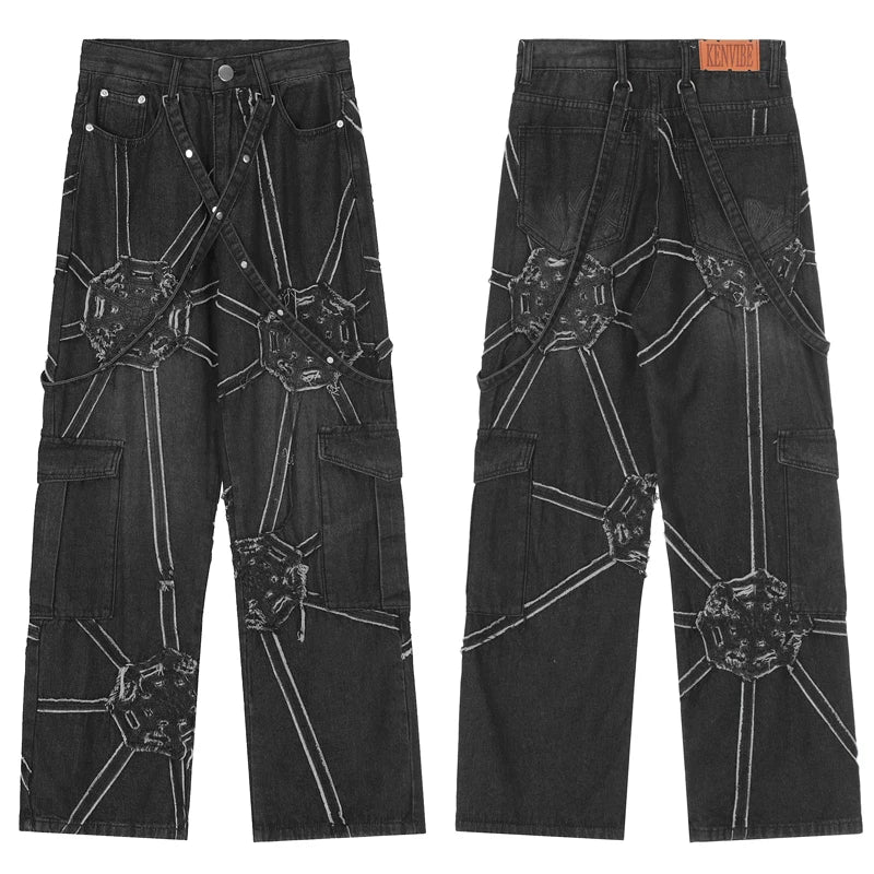 punk belt denim jeans pants women harajuku streetwear side pocket cotton men unisex casual baggy joggers straight pants trousers unique joggers style 3351