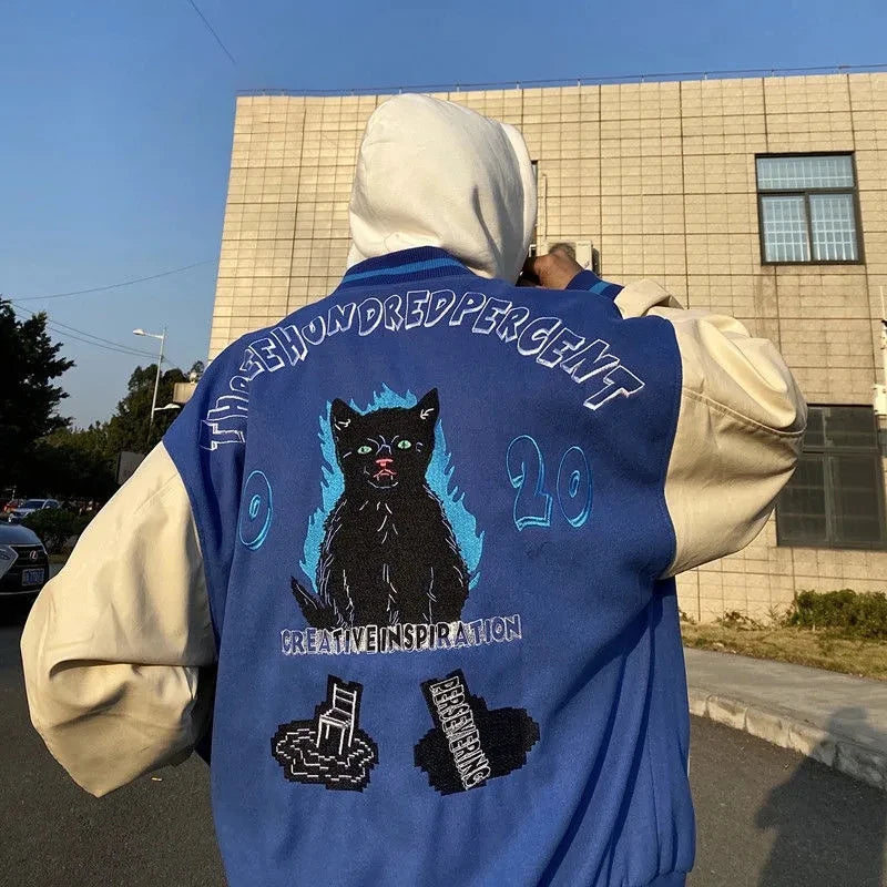 baseball jacket men women patchwork high street retro flocking letter cat coat spring autumn casual loose varsity jackets unisex urban fashion pants