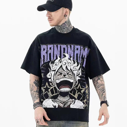 New High Street Hip Hop Cartoon Anime Printing Men Woman T-shirt Loose Casual Lovers Cotton Versatile Black Top Tees Street King Limited
