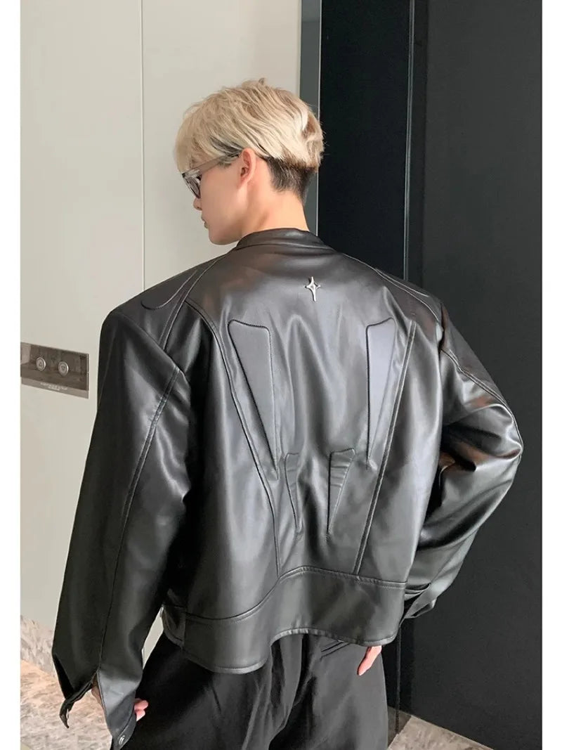 high street motorcycle pu leather jacket men hip hop trend shoulder padded coat street fashion stand collar zipper short outwear unique shorts style 1961