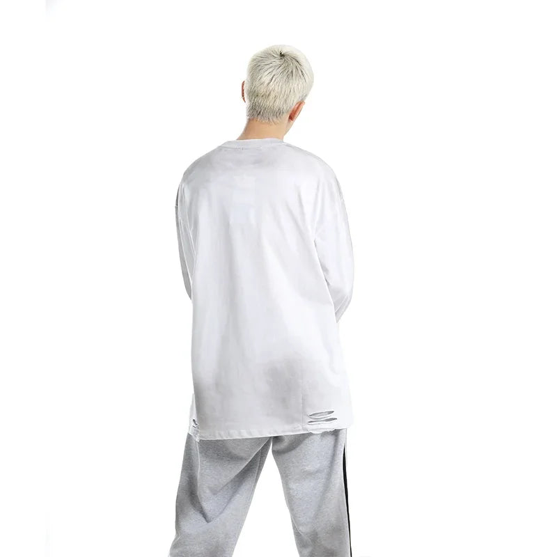 Men's Streetwear Hole Washed Cotton Long Sleeve Loose Casual T Shirt Tiki Y2k Clothes Oversized T-shirt for Men Tops Tshirt Street King Limited