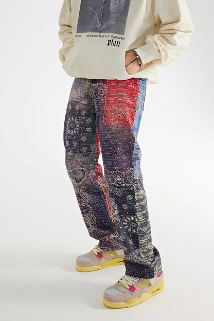 hip hop paisley printed denim jeans mens new casual zipper straight jeans streetwear high street loose pants baggy jeans joggers relaxed fit joggers