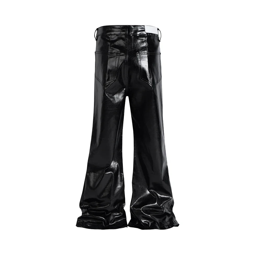 high street wide leg glossy pu leather pants sashes boot cut men and wome straight baggy casual jeans oversized flared trousers ripped baggy denim