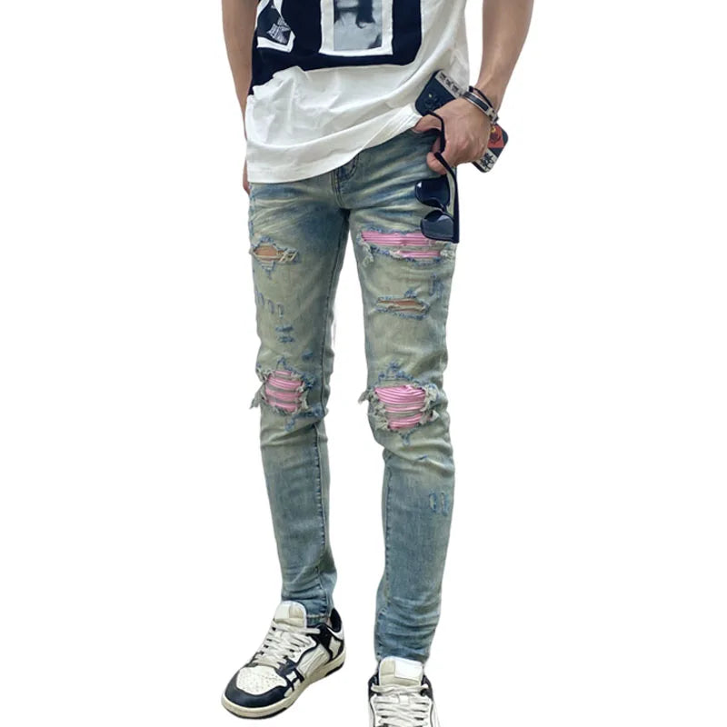 destroied ripped holes patckwork denim jean mens casual distressed washed biker jeans new fashion high street slim pants joggers unique joggers style 2361