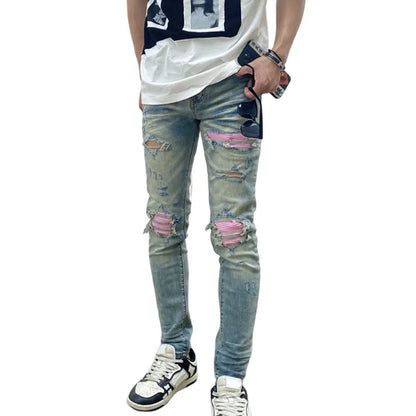 destroied ripped holes patckwork denim jean mens casual distressed washed biker jeans new fashion high street slim pants joggers unique joggers style 2361