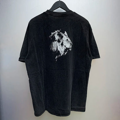 2024ss Sheep Lion Head Printing T Shirt Michael Men Woman Good Quality Vintage Wash Black O-Neck Loose Casual Tops Tee Street King Limited