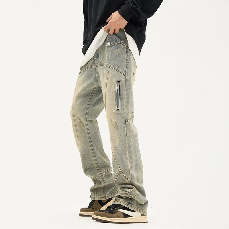 american high street retro straight jeans men casual patchwork y2k denim pants hip hop streetwear zipper baggy cargo jean military streetwear pants