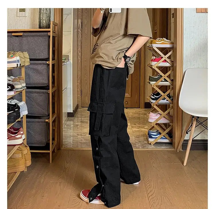 Fashionable Korean style gothic buttoned overalls pants men summer Harajuku street y2k hip hop casual retro sports pants Street King Limited