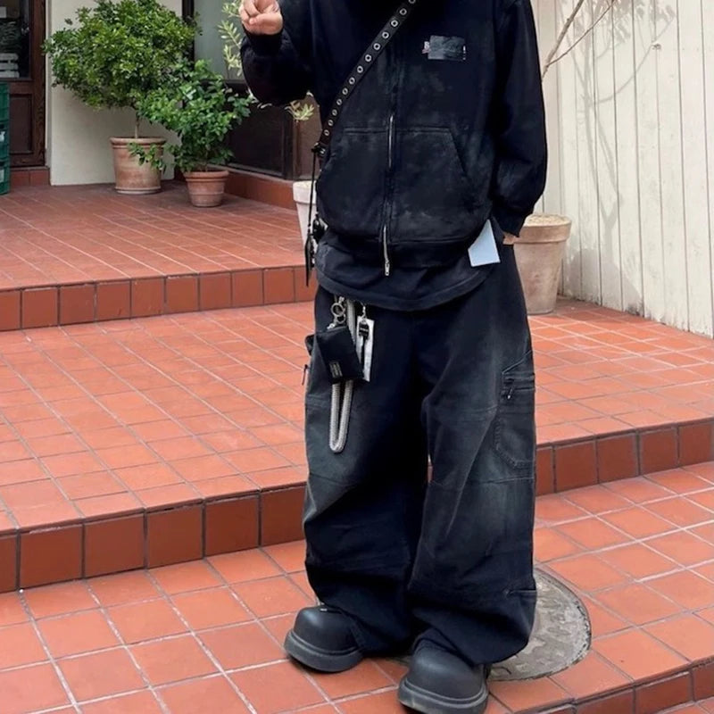 high street multi pocket washed black cargo pants for men wide leg baggy casual jeans oversized baggy denim trousers 2 baggy cargo bottoms