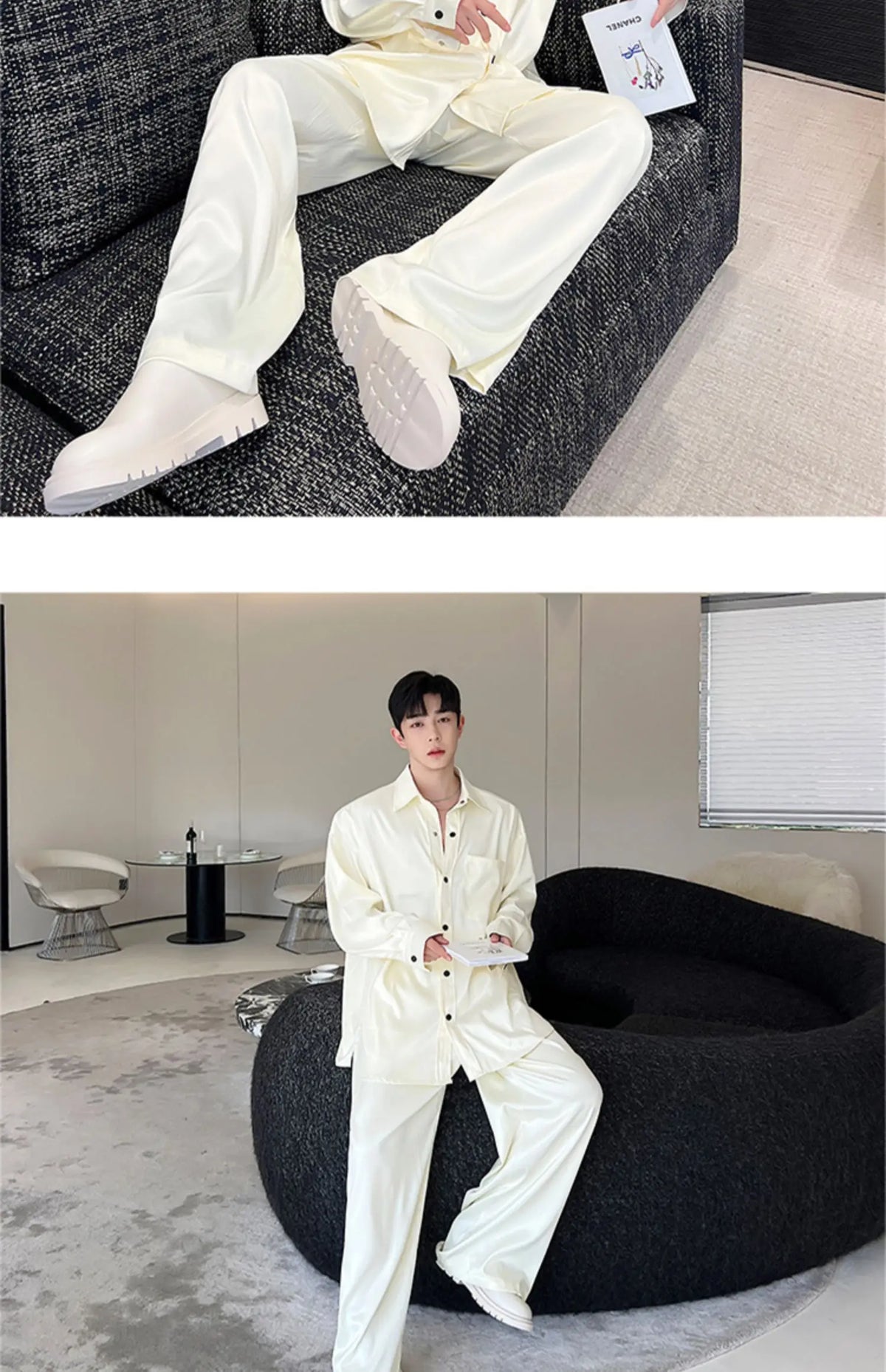 men silk style streetwear fashion loose casual long sleeve shirts pants 2 pieces sets male vintage suits blouses trousers unique default style 2754