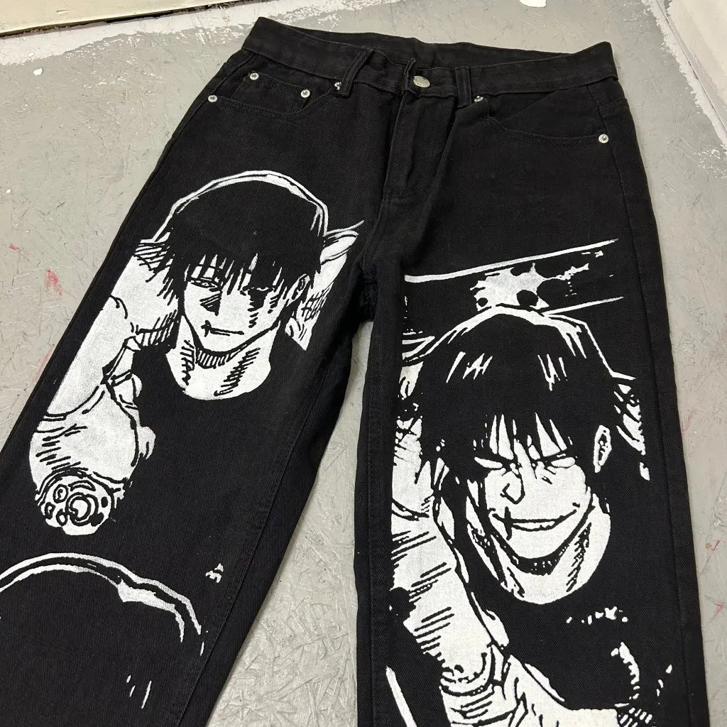 harajuku slifer the sky dragon print y2k men s jeans popular anime baggy jeans wide leg pants streetwear trouser men clothing unique jeans style 4378
