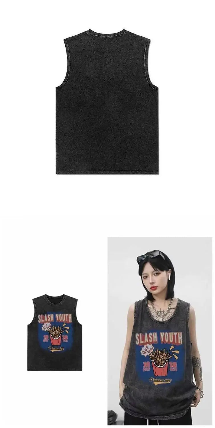 American pure cotton casual vest for outer wear hip-hop retro high street style trendy short-sleeved men's summer printed tops Street King Limited