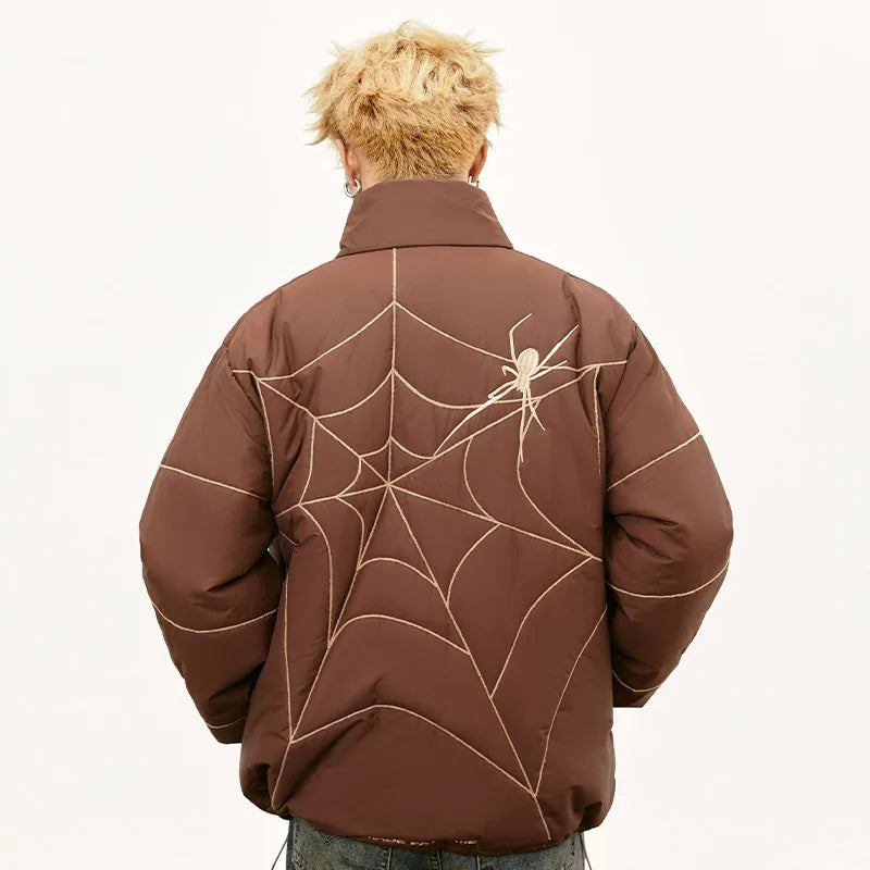 Men Winter Down Jackets Spider Web Embroidery Pattern Parkas Harajuku Hip Hop Padded Coat Motorcycle Bubble Warm Streetwear Street King Limited