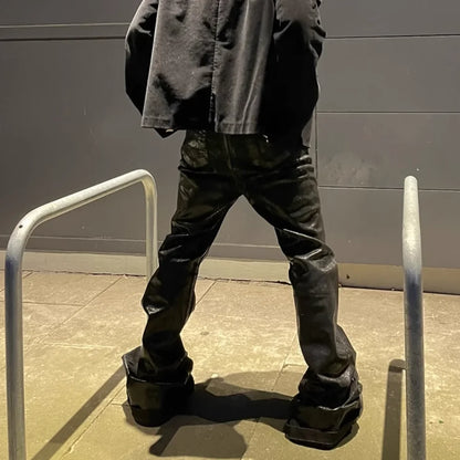 Streetwear Black Wax Leather Strecth Jeans for Men Ropa Hombre Baggy Y2k Flare Pants Oversized Straight Denim Trousers Street King Limited
