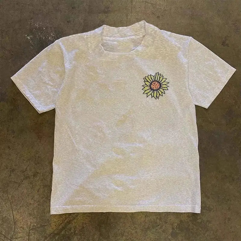 Heavy cotton American retro summer sunflower print short-sleeved T-shirt men's and women's trendy brand ins loose round neck top Street King Limited