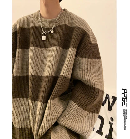 2023 striped sweaters lazy mens knitwear autumn and winter new outerwear trendy brand high end thread clothing men pullover menswear bottoms