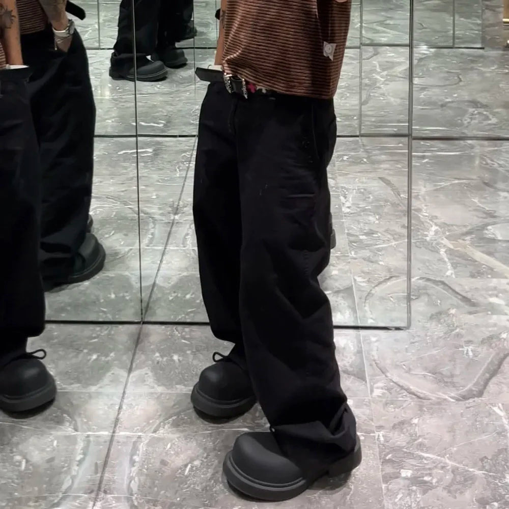 Frayed Black Straight Baggy Cargo Pants for Men Streetwear Y2k Pantalones Hombre Solid Overalls Oversized Casual Trousers Street King Limited