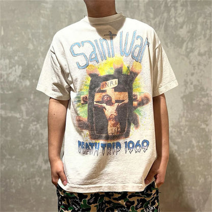24SS New Vintage Retro Cross Printing Washed Distressed Short Sleeves T-Shirt Tops Street King Limited