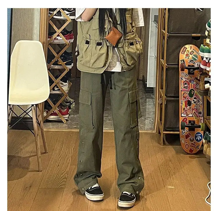 Fashionable Korean style gothic buttoned overalls pants men summer Harajuku street y2k hip hop casual retro sports pants Street King Limited