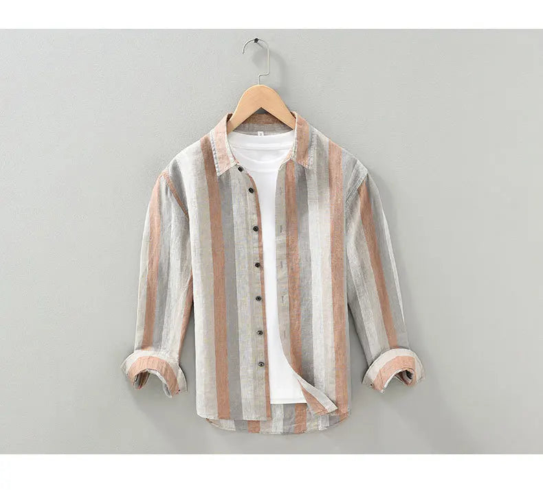 Linen Vertical Striped Long-Sleeved Shirt Men's Summer Thin Breathable Three-Quarter Sleeve Cotton And Linen Artistic Shirt Street King Limited