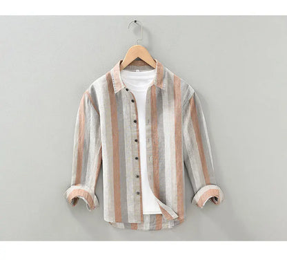 Linen Vertical Striped Long-Sleeved Shirt Men's Summer Thin Breathable Three-Quarter Sleeve Cotton And Linen Artistic Shirt Street King Limited