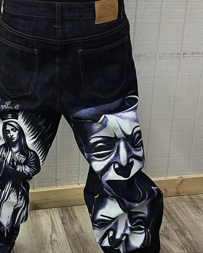harajuku retro y2k pants gothic skateboard jeans skull denim print loose slouchy jeans men women pants streetwear hip hop jeans unique jeans style 4008