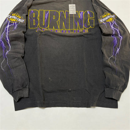 2024 Summer Retro Vintage EVILSPIRIT Thunder Print Washed Old High-Street Cotton Loose Long Sleeve T-Shirt Pullover  For Men Street King Limited
