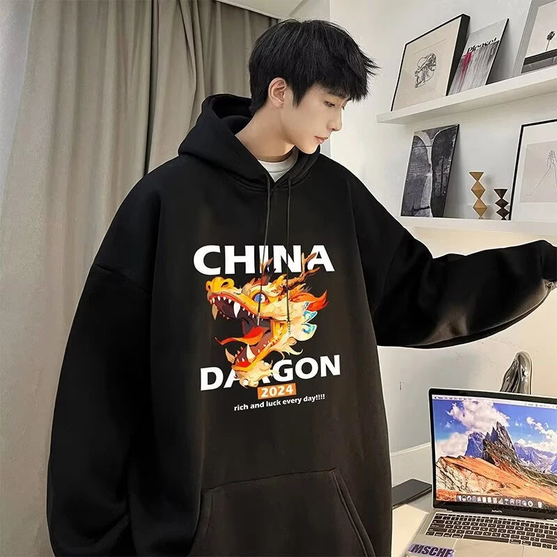 2024 New China Dragon Graphic Hoodies Men Hip Hop Streetwear Hoodie Sweatshirt Harajuku Fleece Printed Pullover Hoody Clothes Street King Limited