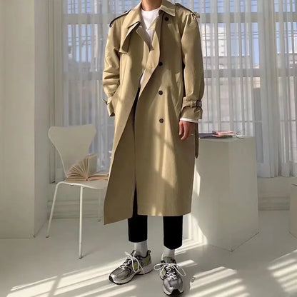 Khaki Black Trench Coat Men Fashion Autumn Oversized Long Coat Men Korean Loose Windbreaker Jacket Mens Overcoat M-2XL Street King Limited