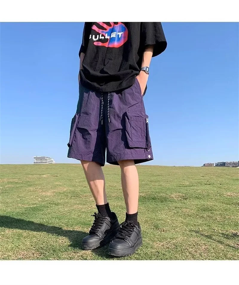 summer casual purple cargo shorts men high street drawstring pocket baggy short sweatpants y2k hip hop bermudas homme shorts unique joggers style 165
