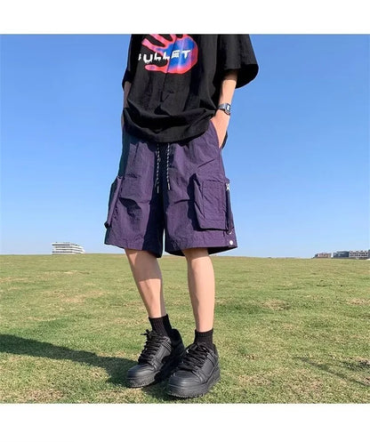 summer casual purple cargo shorts men high street drawstring pocket baggy short sweatpants y2k hip hop bermudas homme shorts unique joggers style 165