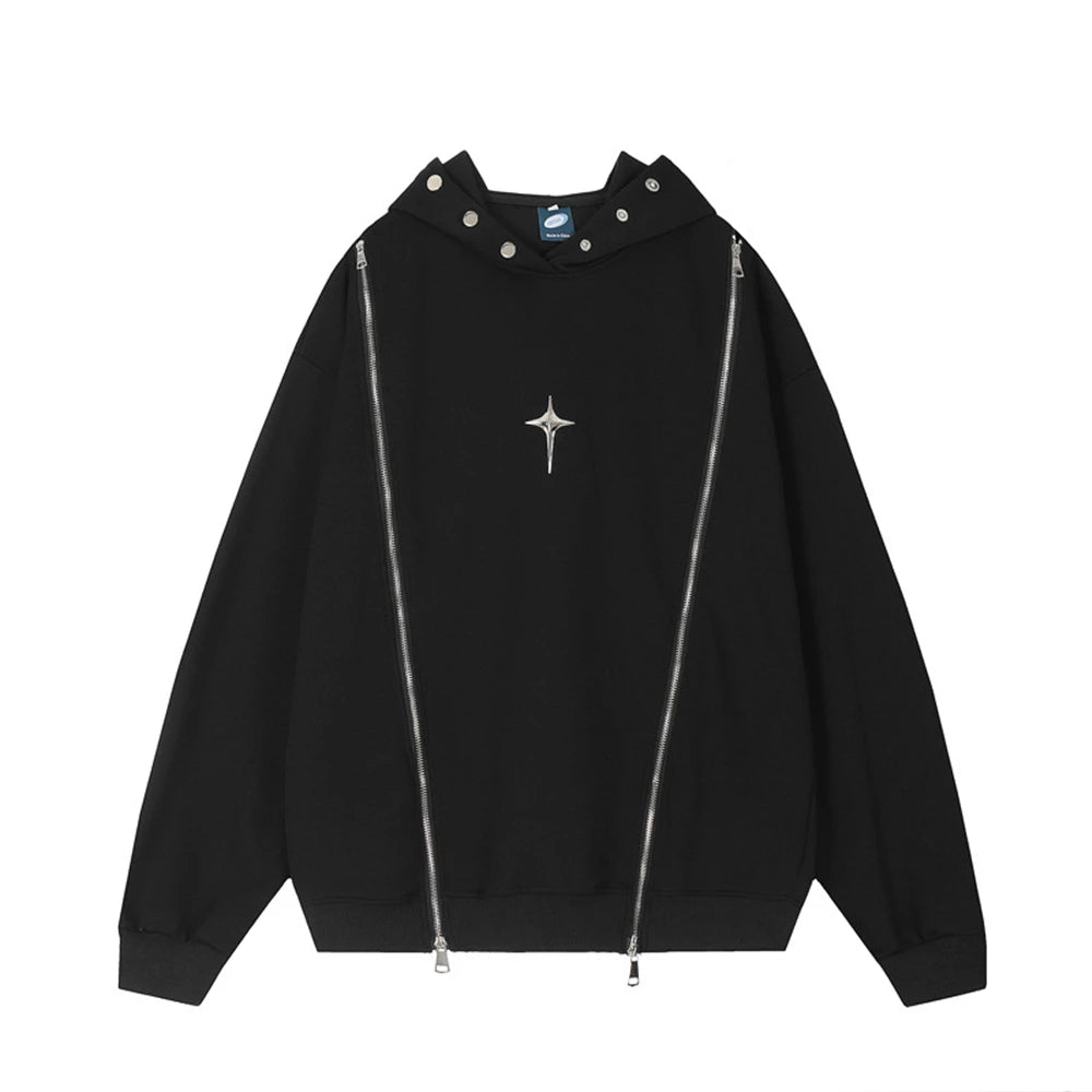 Hip Hop Punk Hoodie Sweatshirt 2023 Autumn Zipper Design Solid Color Hoodies Pullover Harajuku Cotton Sweat Shirt Street King Limited