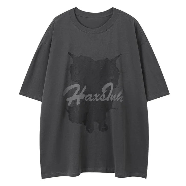 Men's Vintage Oversized T-Shirt Hand-Painted Cats Pattern Printed Tees Punk Hip-Hop Trendy Streetwear Loose Short-Sleeved Tops Street King Limited