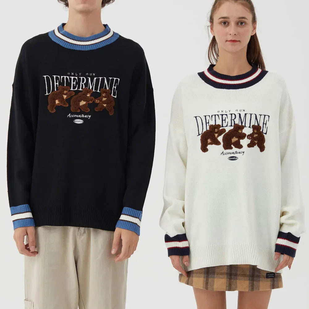 GONTHWID Bear Patchwork Striped Knitted Jumpers Sweaters Streetwear Hip Hop Harajuku Casual Pullover knitwear Mens Fashion Tops Street King Limited