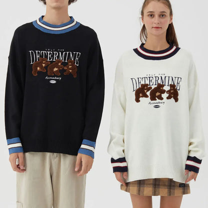 GONTHWID Bear Patchwork Striped Knitted Jumpers Sweaters Streetwear Hip Hop Harajuku Casual Pullover knitwear Mens Fashion Tops Street King Limited