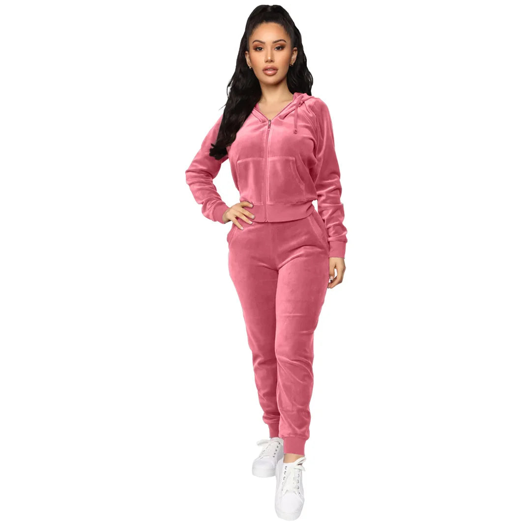Women's Velvet Hooded Zipper Sweater Elastic Waist Trousers Two-piece Set Fashion Personality Trend Clothing Two-piece Slim Suit Street King Limited