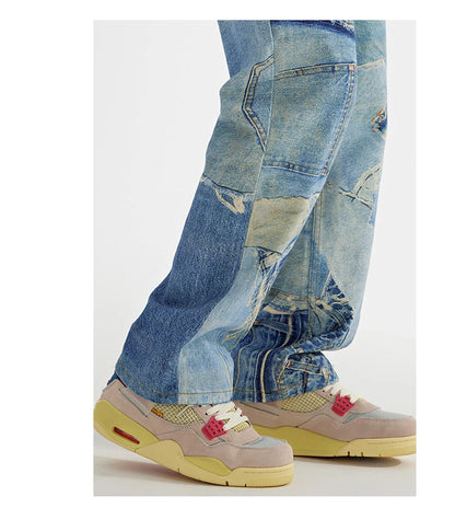 fashion fake patchwork printed denim jeans mens new casual zipper straight loose jeans streetwear hip hop baggy pants joggers unique joggers style 1415